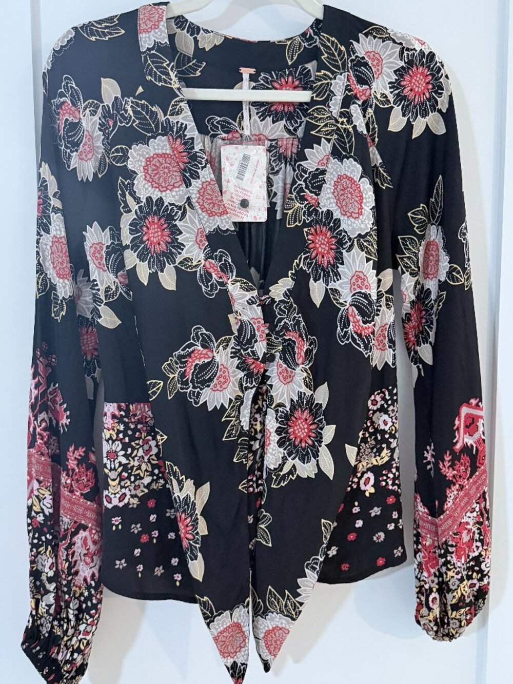 Free People NWT Floral Tie Front Blouse Black Pink Boho Top Size M $108